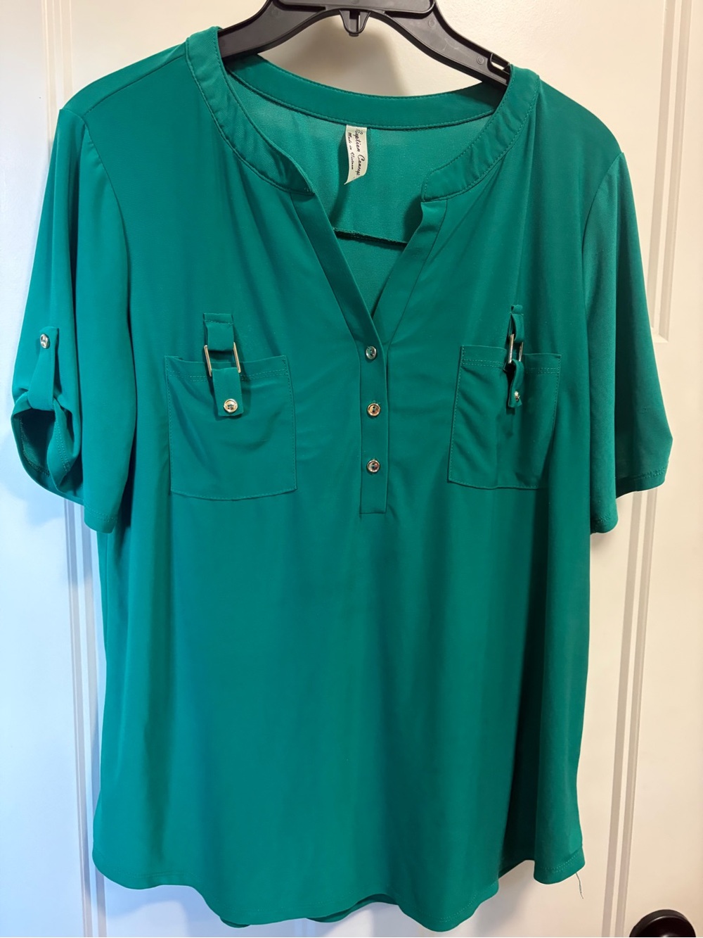 PerSeption Concept Teal Short-Sleeve Blouse with Pocket Tabs